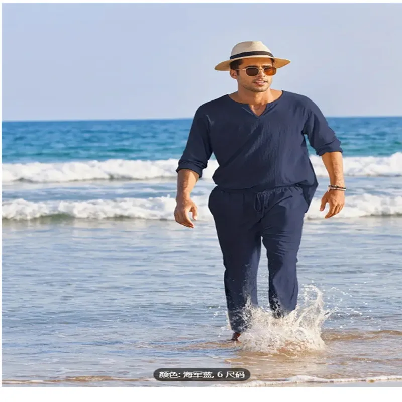 Conjunto de treino com decote em v monocromático masculino, camisa e calças domésticas, roupa de manga comprida, roupa cor pura, versão fashion, 2022