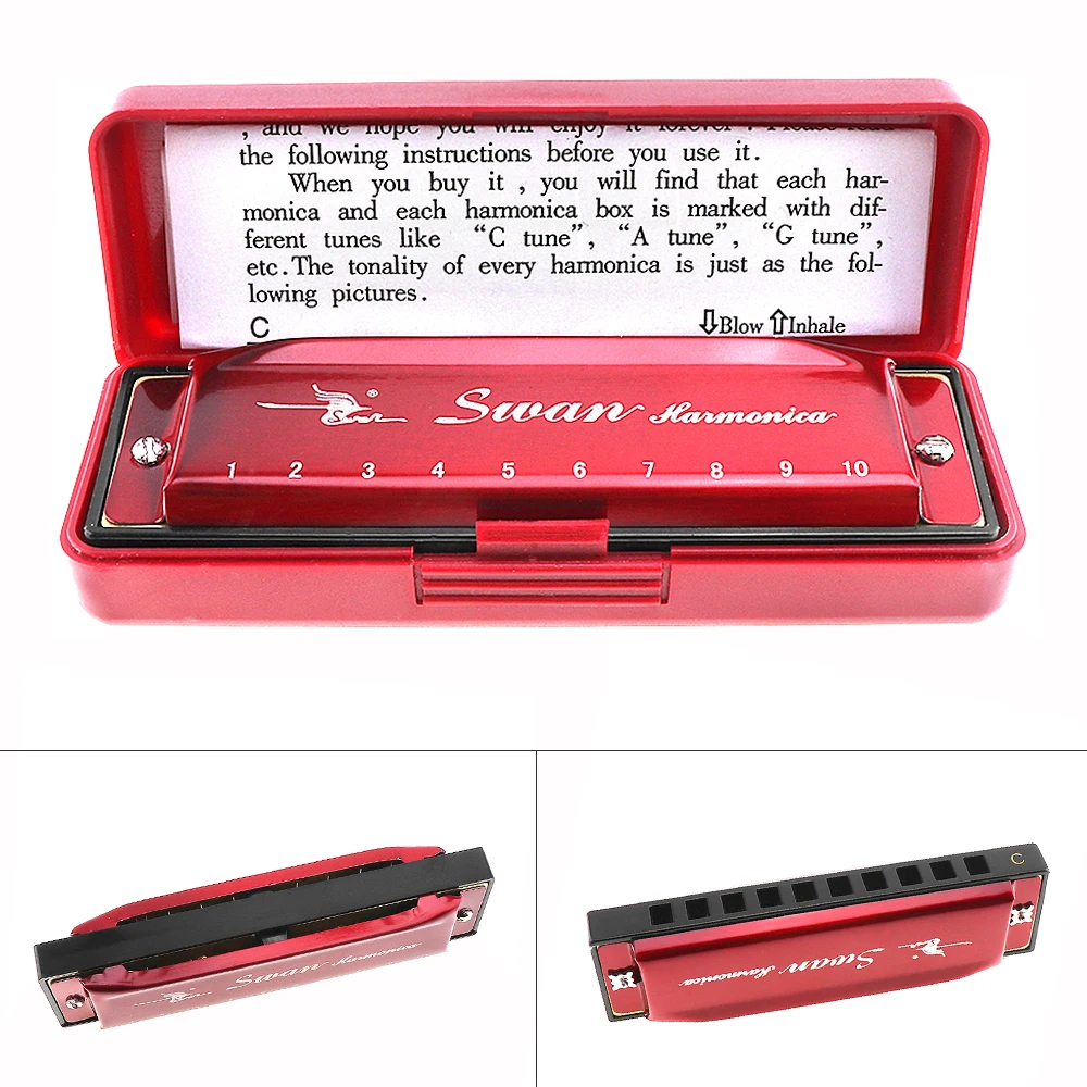 10 Holes Tone C Key Red Harmonica Diatonic Blues Harp Mouth Organ Reed Musical Instrument Stainless Steel for Beginner