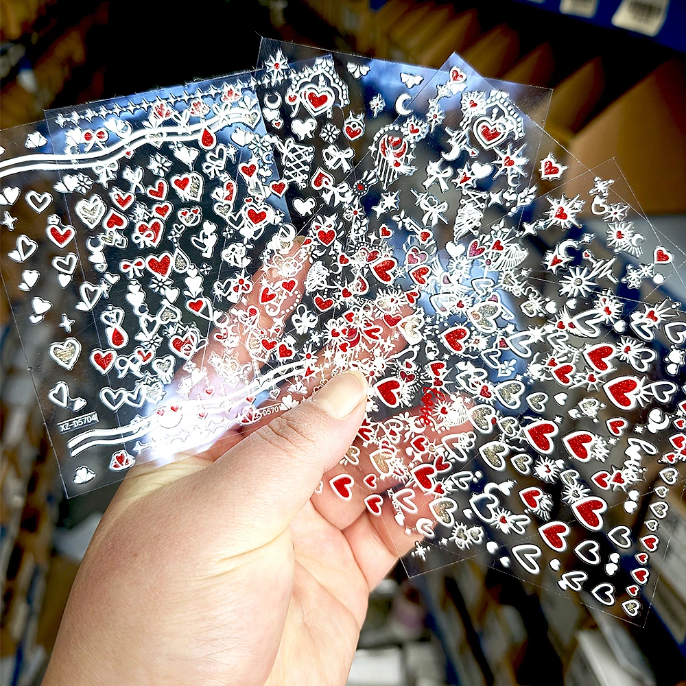 6 قطعة ثلاثية الأبعاد الأبيض الأحمر بريق الحب القلب مسمار الفن ملصقات عيد الحب لطيف Bowknot القلب الجناح Starburst مسمار صائق مسمار المتزلجون