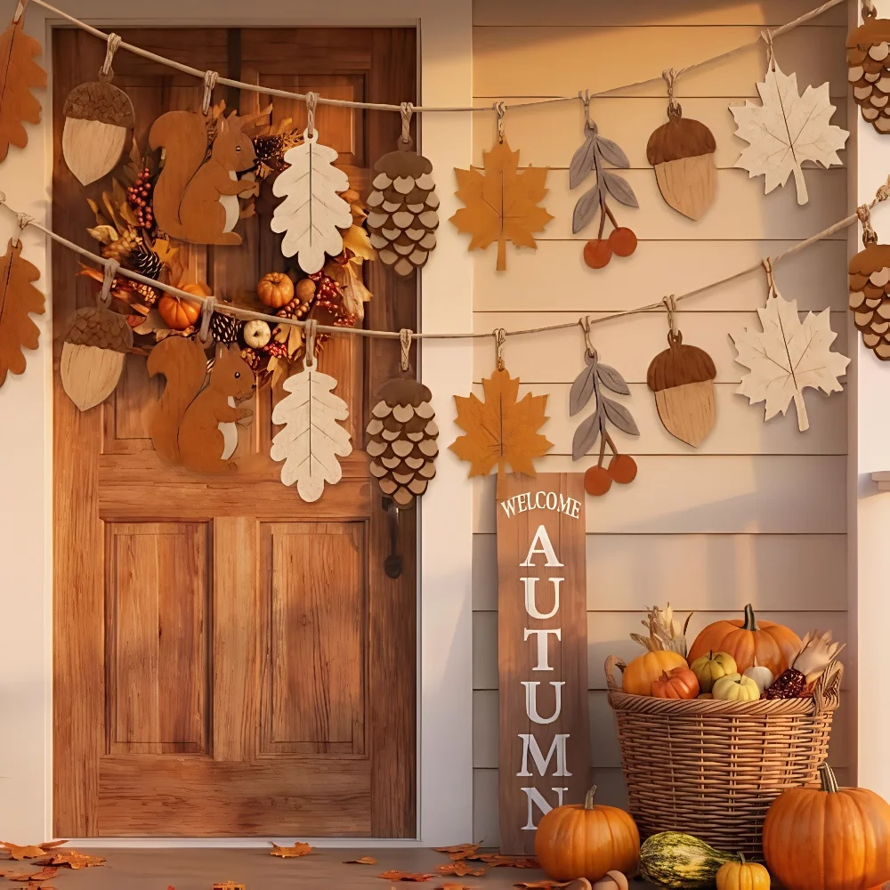 Wooden Autumn Garland Squirrel Pinecone Maple Leaf Hanging Ornament Fall Thanksgiving Fireplace Mantel Home Decor