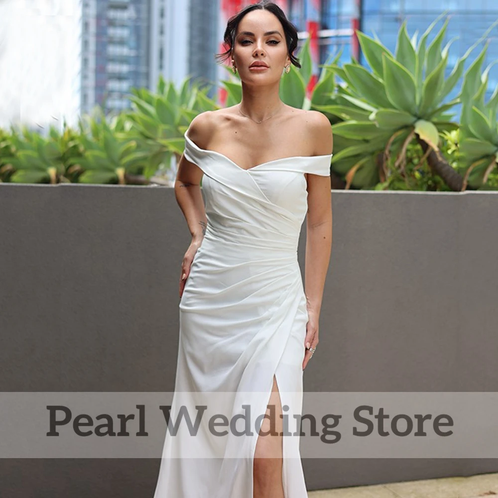 Vestido de novia plisado con hombros descubiertos, Raja lateral alta de novia Sexy hasta el suelo, espalda descubierta con cremallera, vestidos personalizados