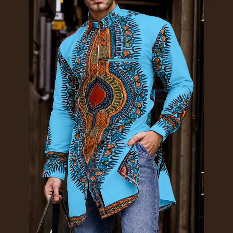 

African Tribal Print Shirt for Men Mid Length Casual Digital Pattern Long Sleeve Tunic