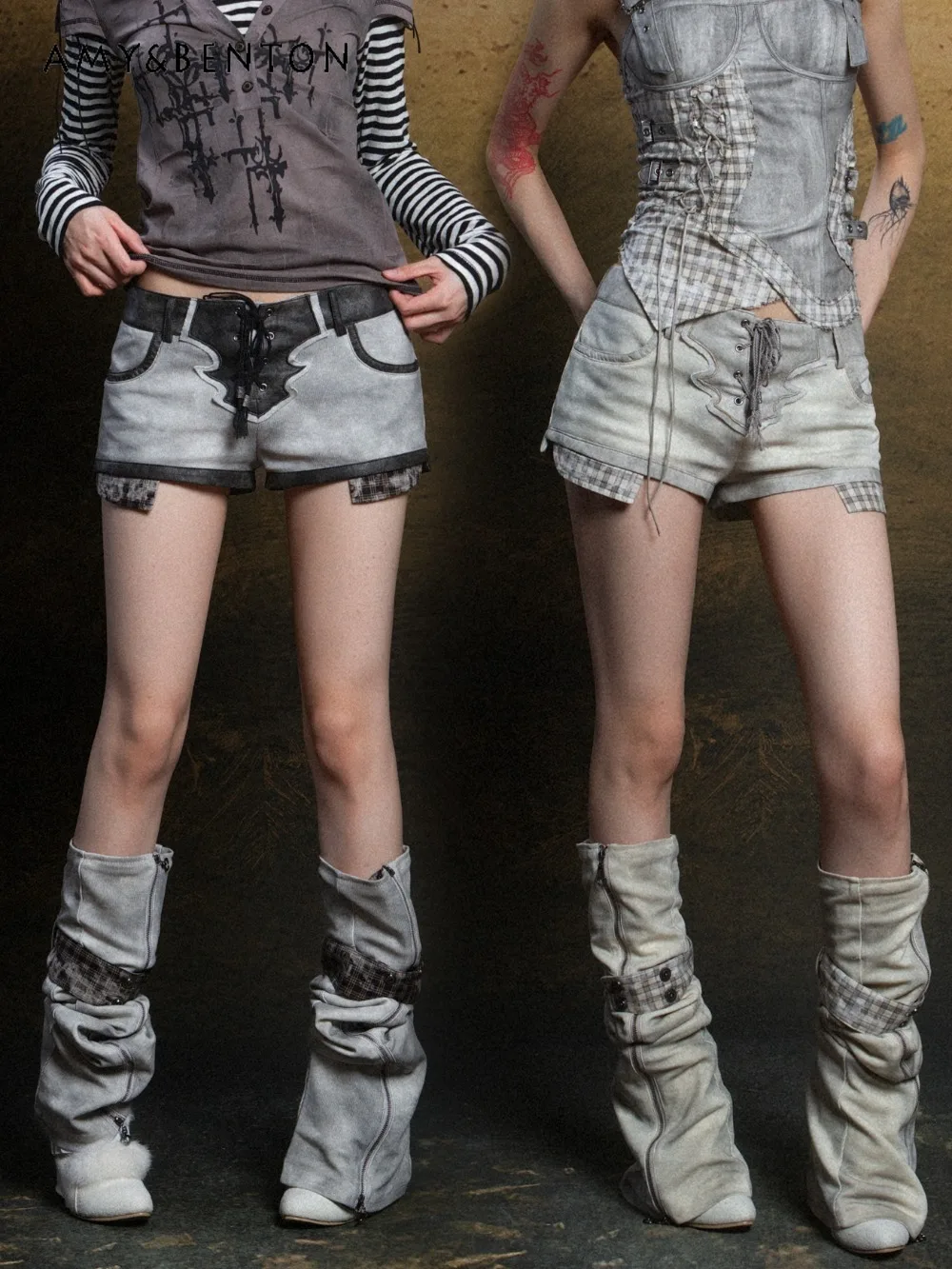 

Original Design Gothic Do Old Knitted Contrasting Splicing Pu Low-rise Shorts Leg Warmer Subculture Punk Hot Girl Shorts Women