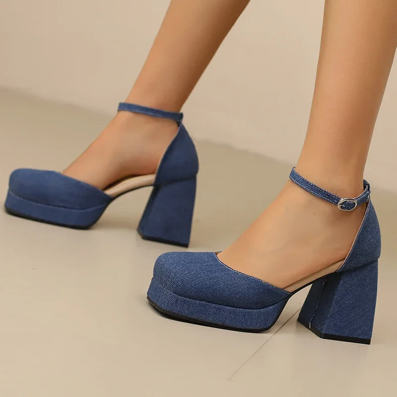 

Сексуальные женские сандалии на платформе, летняя обувь, 2024, джинсовые джинсы, туфли-лодочки на высоком каблуке с ремешком на щиколотке, обувь для вечеринок, большой размер 48