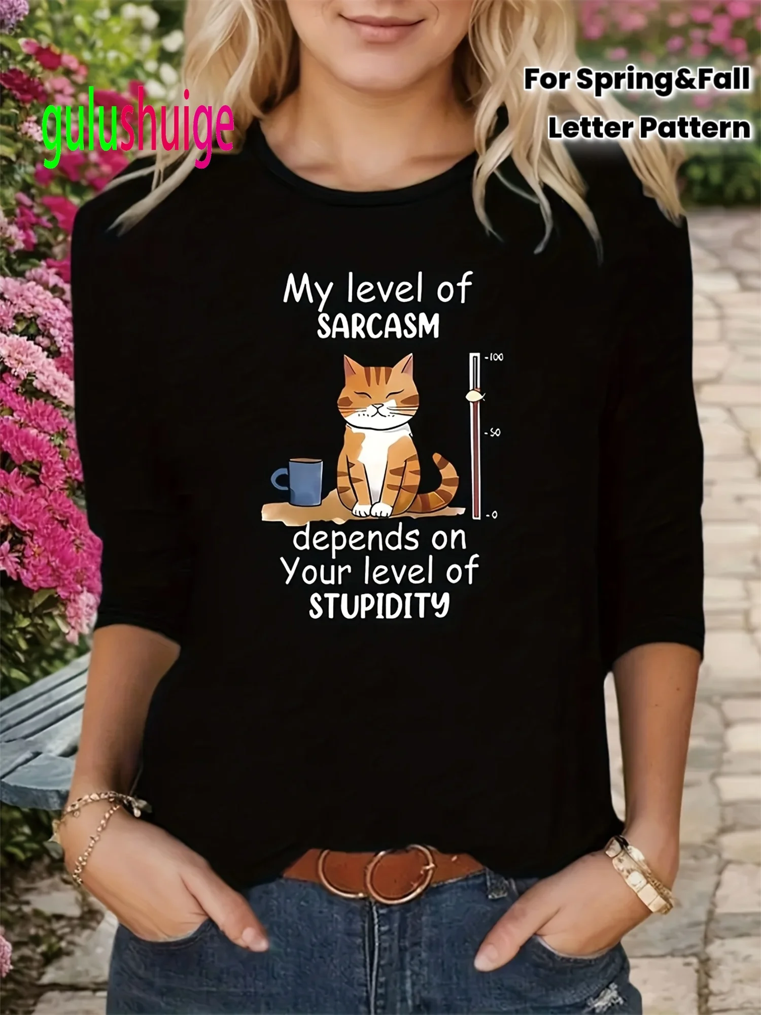 My Level of Sarcasm Depends on Your Level of Stupidity Letter Pattern Print T-Shirt Long-Sleeved Round Neck Casual T Shirt Femme