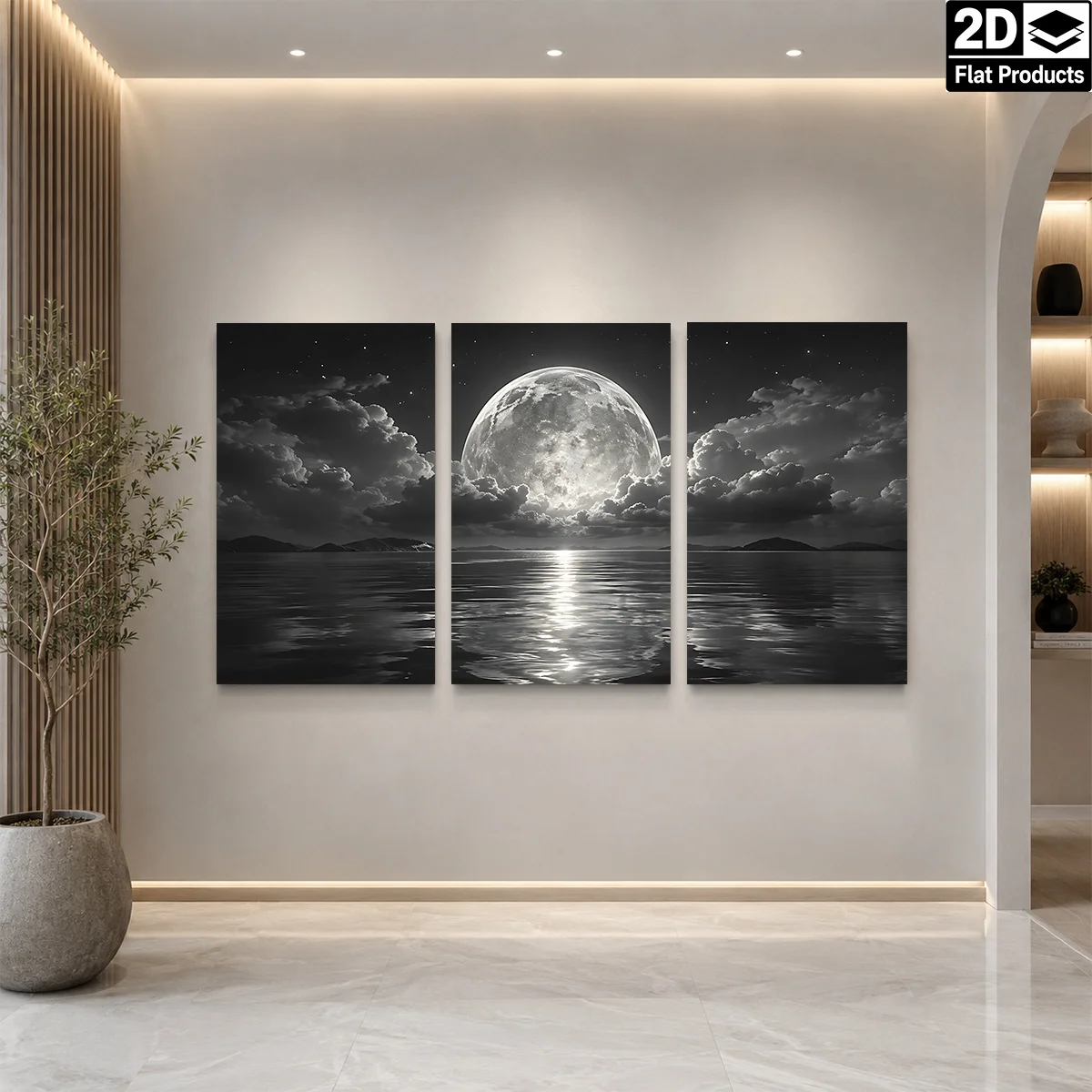 Toile sans cadre 2D plate 3 pièces - Trois panneaux représentant une pleine lune au-dessus d'une eau calme avec des nuages et des étoiles, Art mural sur toile à thème, Wat