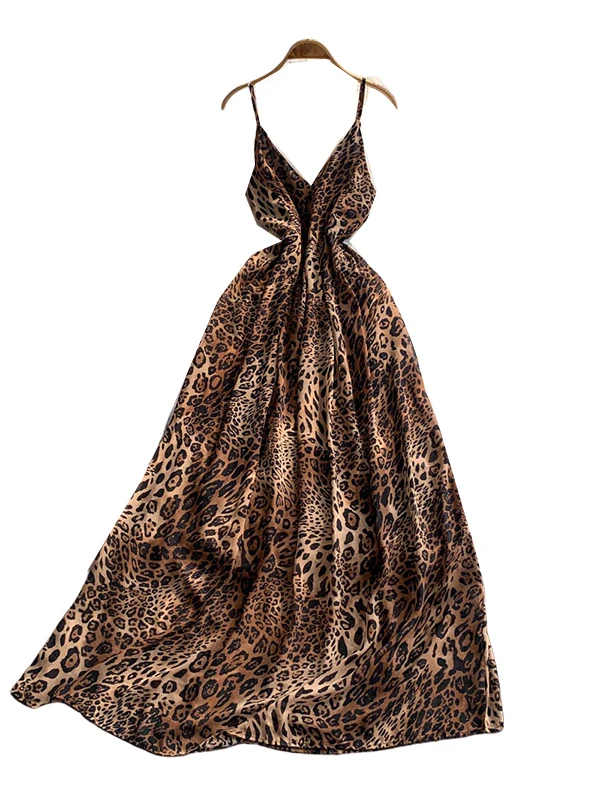 Szykowna moda Leopard Print Suspender Dress Women Slim Long Dress Boho Beach Party 2025 Summer