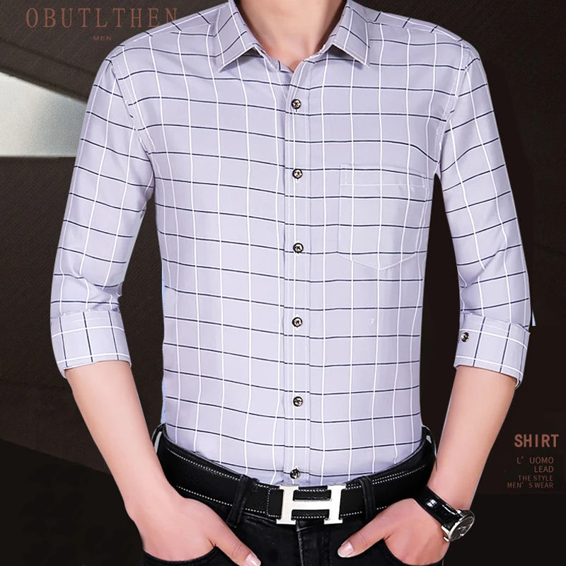 Cienka koszula z długim rękawem z nadrukiem Męska koreańska koszula w kratę Slim Fit Casual Business Dress Shirts Fashion Striped Streetwear Tops