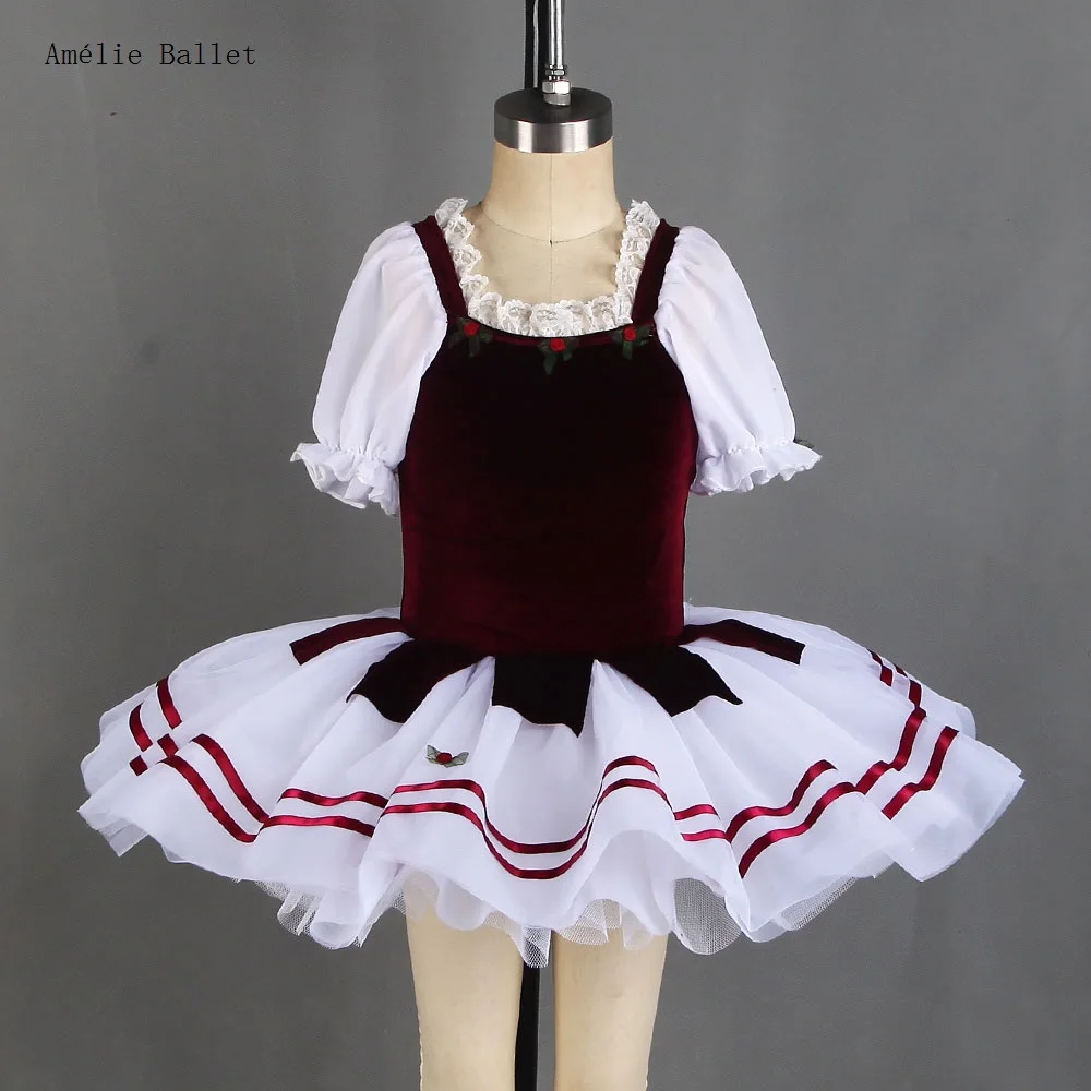 

21231 White Chiffon Short Sleeves Burgundy Velvet Bodice with Layers of White Tutu Skirt Girls & Women Stage Performance Costume