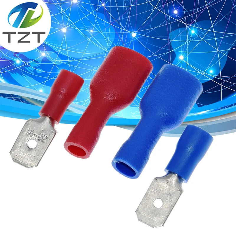 10pairs 6.3mm 16-14AWG Female Male Electrical Wiring Connector Insulated Crimp Terminal Spade Blue Red FDFD2-250 MDD2-250