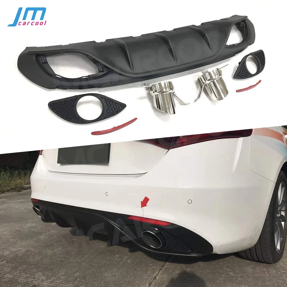 PP Car Rear Bumper Lip Diffuser With Exhaust Tips for Alfa Romeo Giulia Standard 2016-2019 Bumper Guard Reflective Sport Version