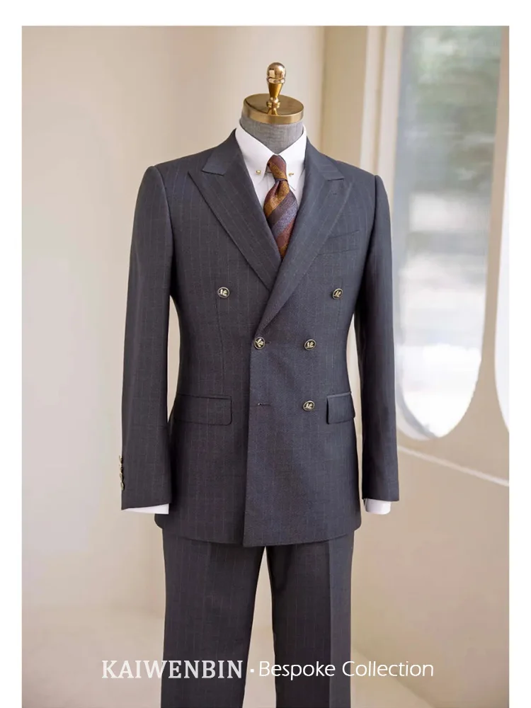 Italian Double Breasted Suit Gray Stripe 100% Wool Bespoke Luxury Custom Buttons Men's Business Formal Wedding Groom Tuxedo