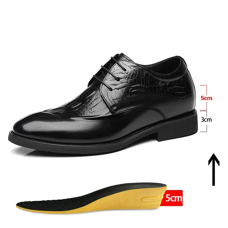 Genuine Leather Men's Dress Shoes Hidden Heels Elevator Shoes 8CM 6CM Height Increased Shoes For Men Fashion Brown For Wedding