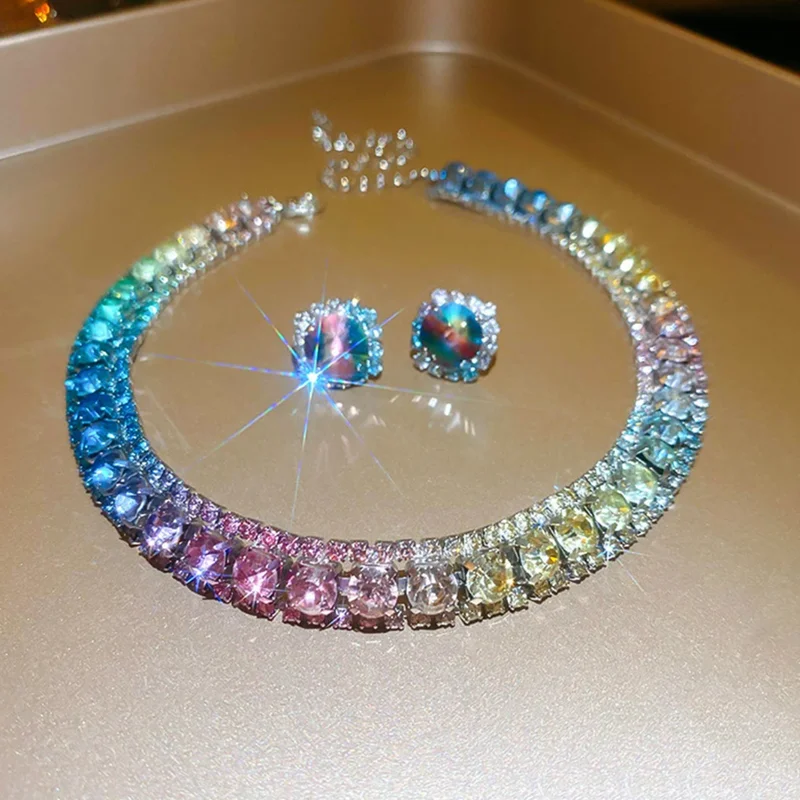 FYUAN Luxus Halskette Ohrringe Sets Grün Kristall Halskette Frauen Hochzeiten Braut Schmuck Zubehör – Detail 12