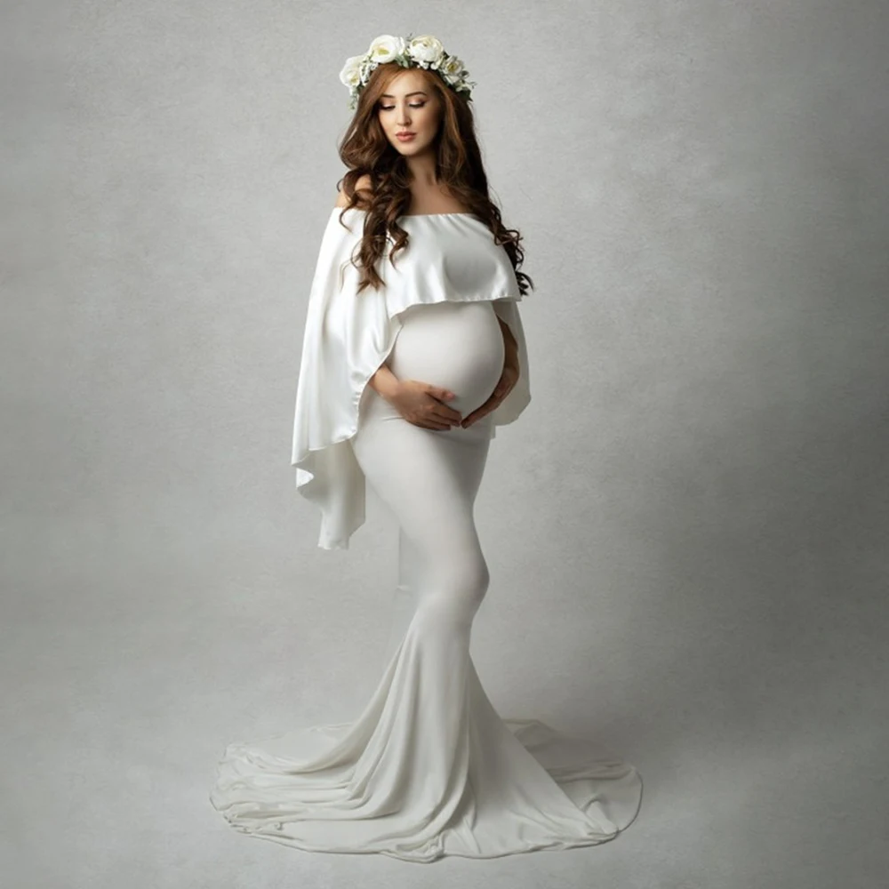 

Maternity Off Shoulder Shawl Photography Dress Bodycon Mermaid Maxi Gown for Photoshoot Baby Shower