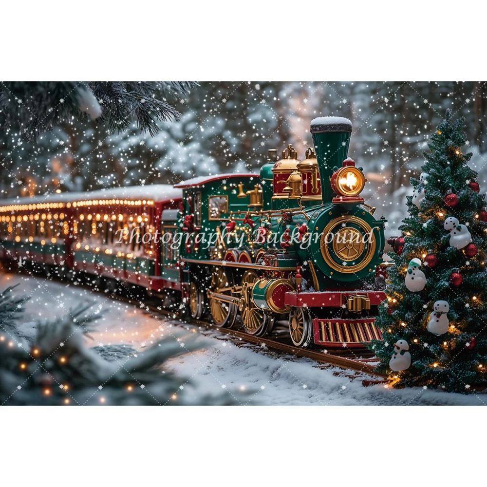 รถไฟคริสต์มาสพื้นหลังสําหรับถ่ายภาพต้นคริสต์มาสบูธโทรศัพท์ครอบครัวเด็กภาพตกแต่งการถ่ายภาพฉากหลัง