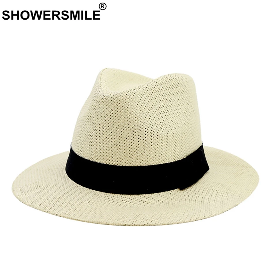 SHOWERSMILE Summer Straw Hat Men Khaki Beach Hats Sun Protection Cap Wide Brim Solid Panama Hat Casual Jazz Hat Navy Black