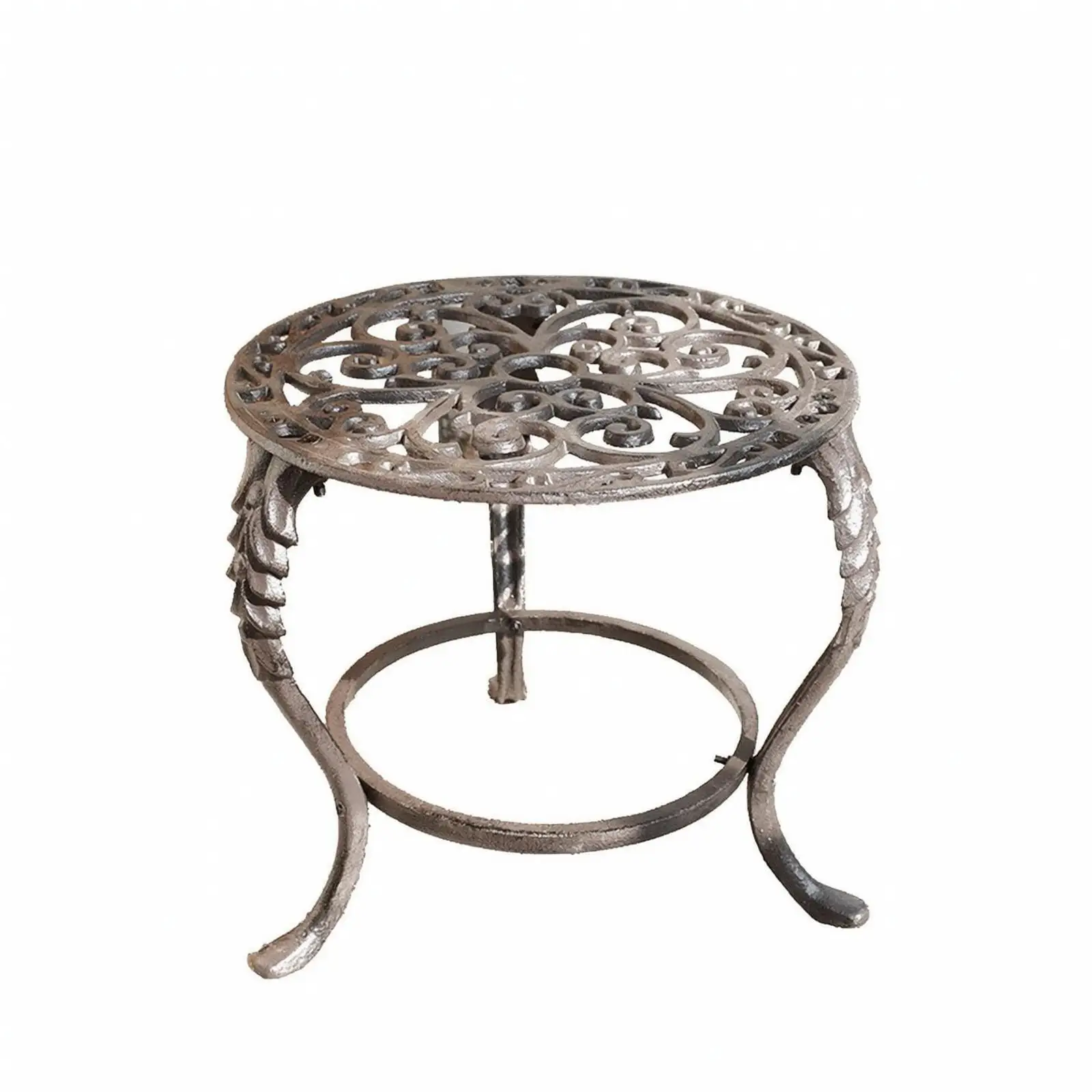 Round Iron Flower Stand with Openwork Top Tray Indoor Outdoor Three-Leg Scrollwork Plant Stand Stable for Living Room,