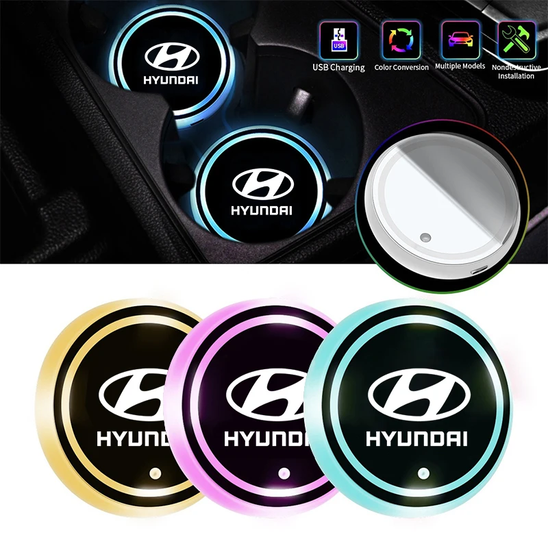 2PCS Car LED Luminous Water Cup Pad Auto Cup Bottle Coaster Anti-slip Pad For Hyundai Tucson IX35 I20 Sonata Fe Elantra Luminous