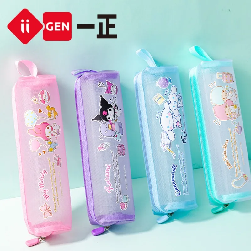 Iigen Sanrio Mesh Pencil Bag Cartoon Kuromi Cinnamoroll My Melody Anime Kawaii Students Portable Transparent Pen Case Stationery