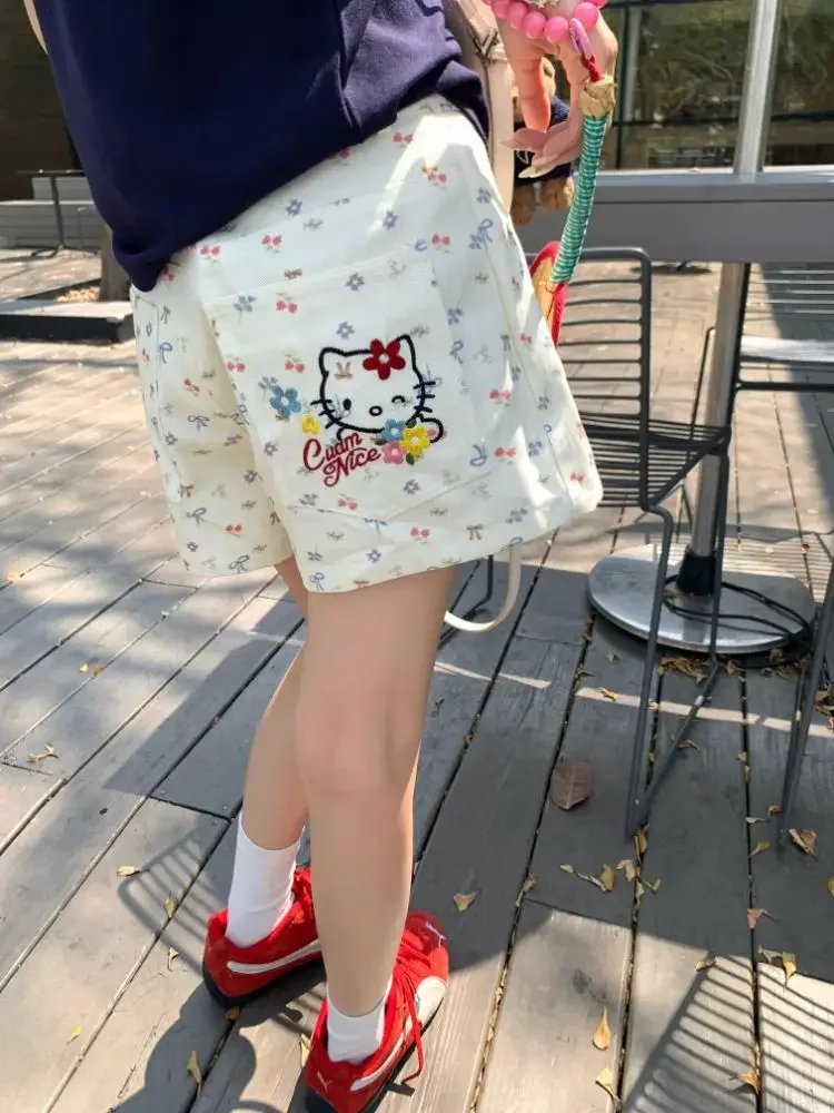 

Cartoon Cute Hello Kitty White Shorts Kawaii Bow Cherry Women's Cream White Wide-leg Hot Pants Summer Straight Jeans Shorts