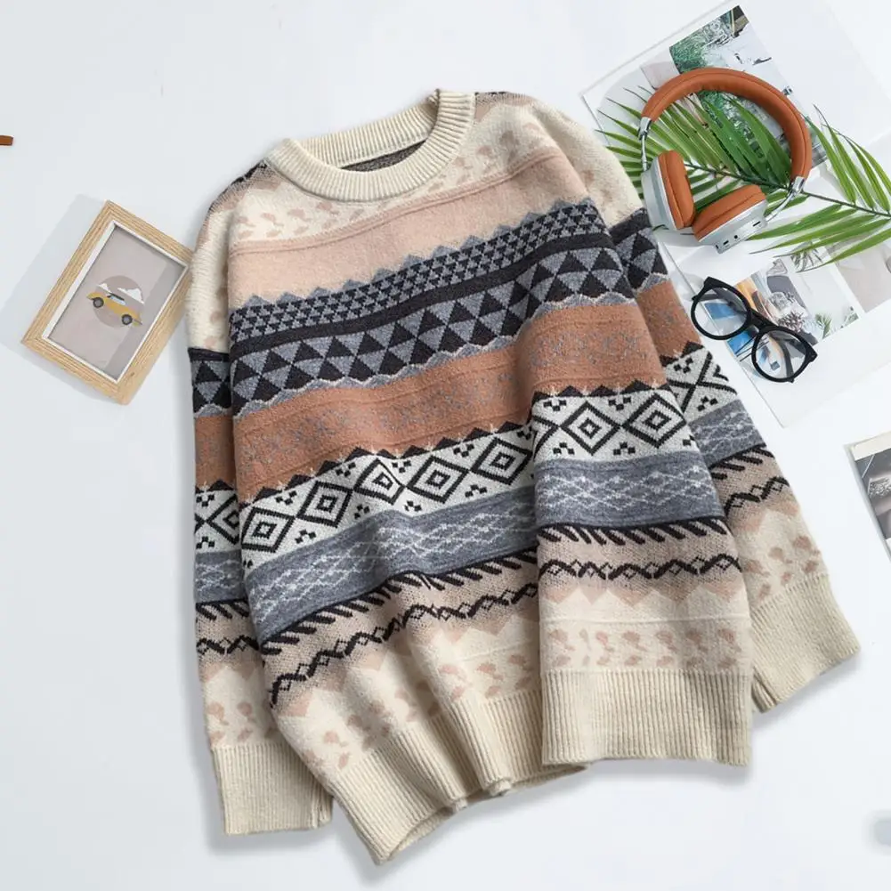 Women Autumn Winter Loose Fit Sweater O-neck Long Sleeve Pullover Tops Striped Print Knitting Jumpers Casual Knitwear