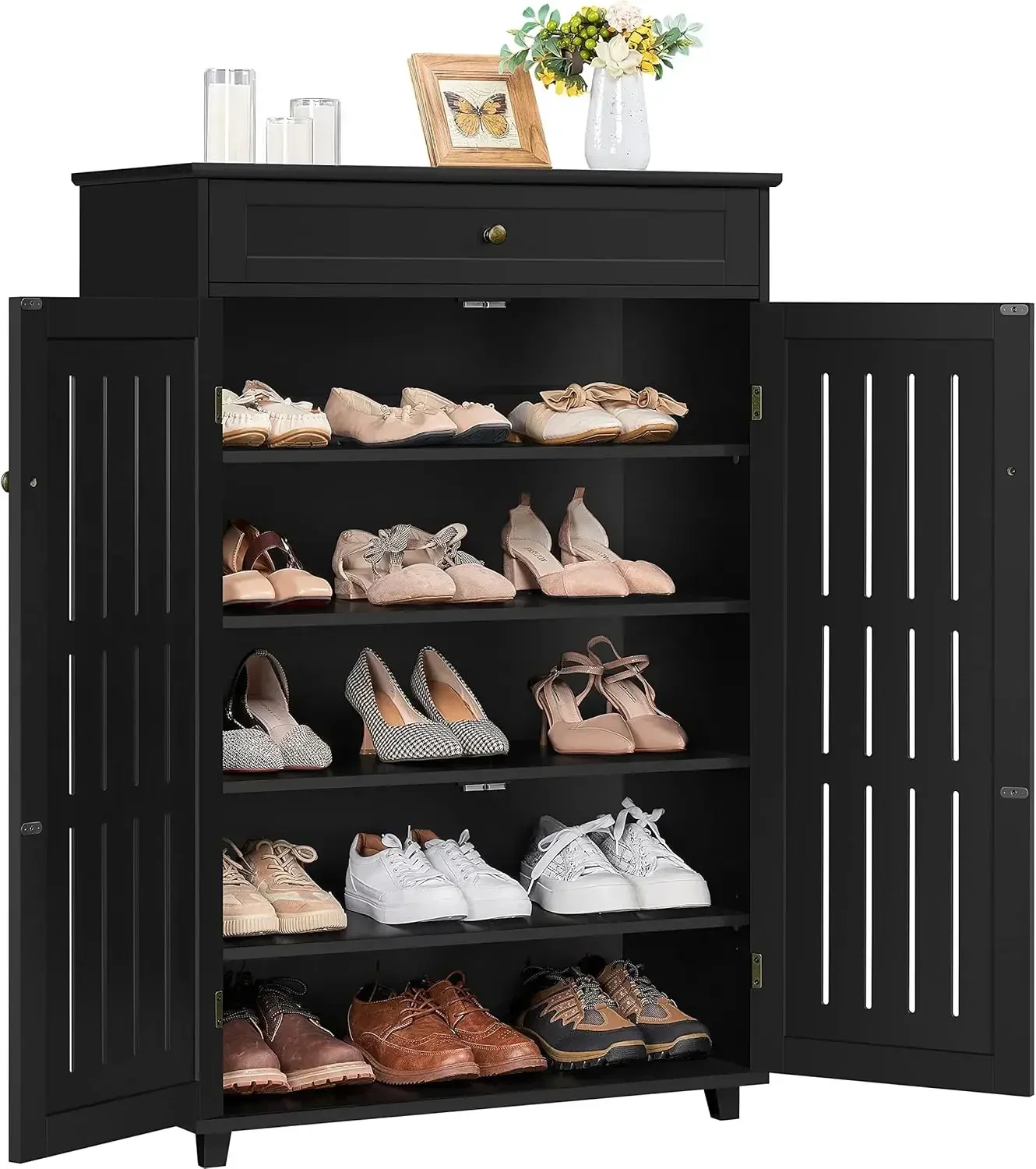 Shoe Cabinet, 5-Tier Shoe Rack Organizer with 1 Drawer, Freestanding Wooden Shoe Storage Cabinet with 2 LouveredDoor &Adjustable