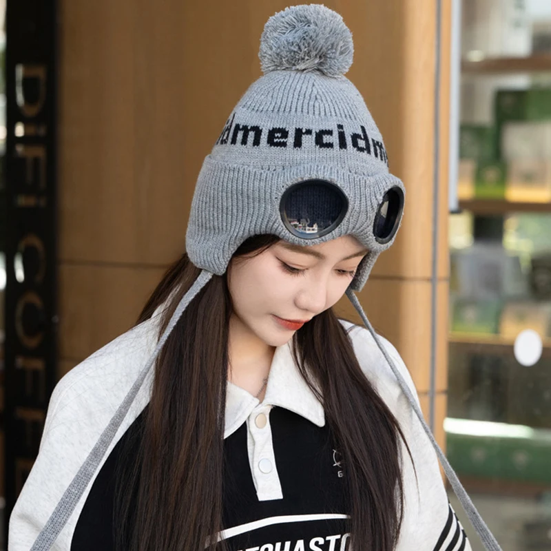 Winter Knitted Hat Letter Jacquard Sunglasses Decorative Warm Lei Feng Hat Outdoor Velvet Ear Protectors Bpmber Hat Beanie Hat