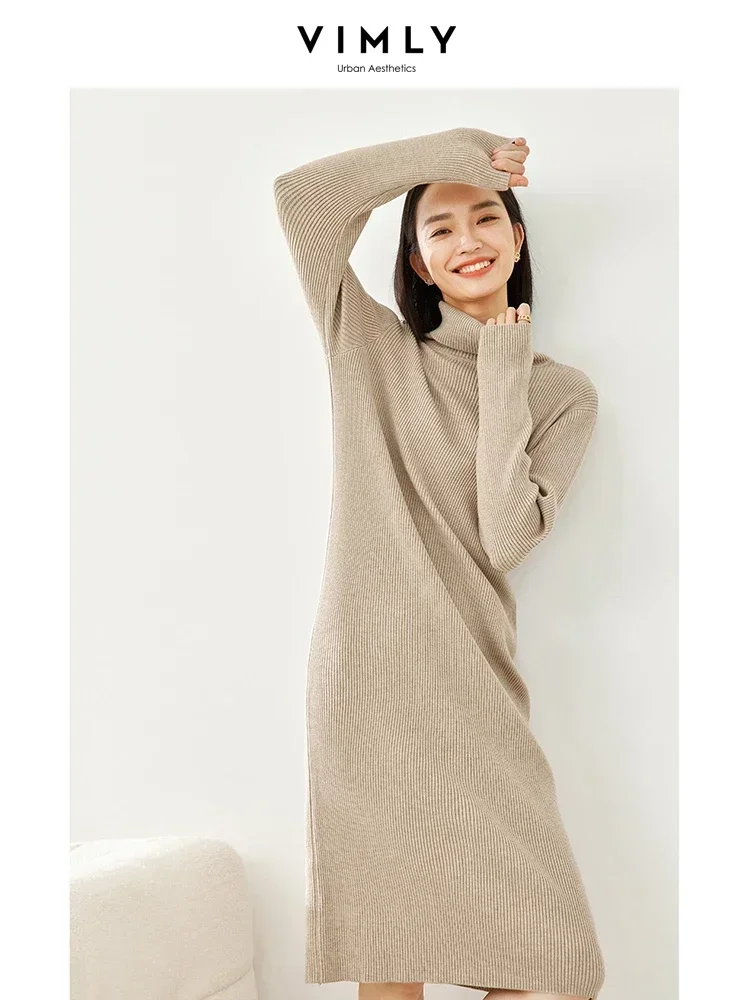 Vimly Turtleneck Knitted Dress for Women 2023 Winter Knitwear High Strecth Loose Pullover Long Sleeve Midi Sweater Dresses 16339