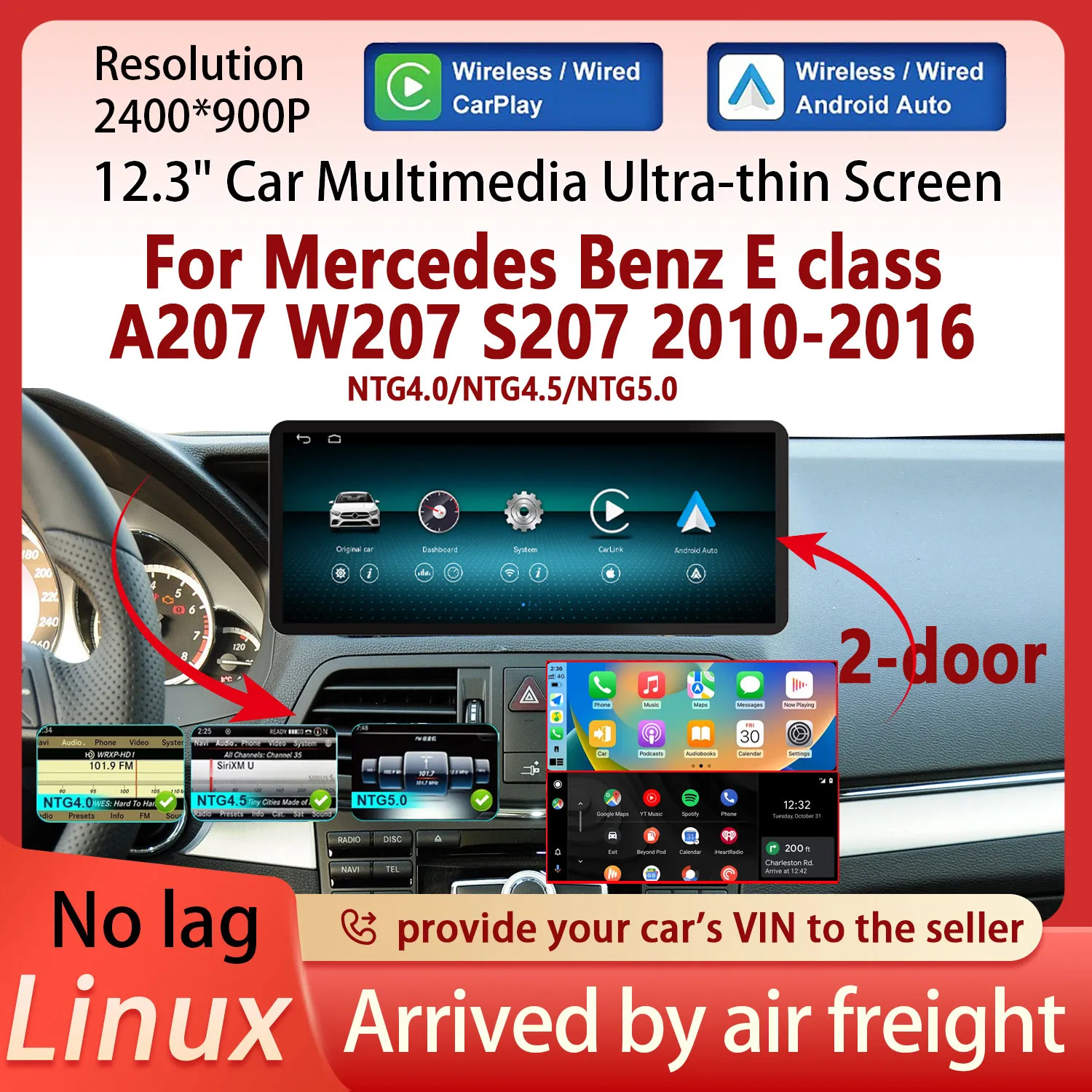 

2400*900 Мультимедийный экран для Mercedes Benz E-класса A207 W207 S207 2010-2016 с беспроводным CarPlay и Android Auto