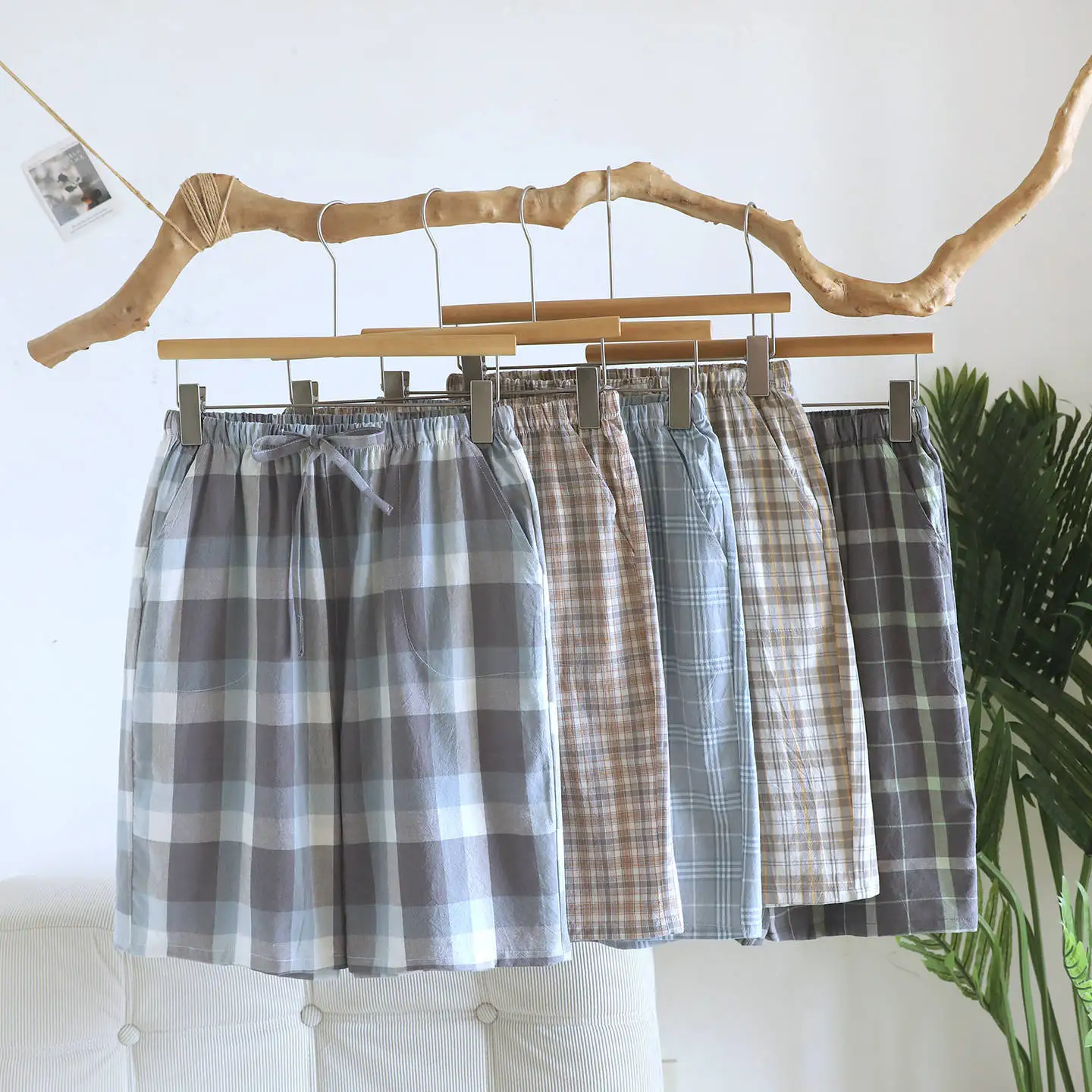 Men's Summer Cotton Plaid Design Cotton Thin Shorts with Pockets and Drawstring Waist Suitable for Casual Pj Pants