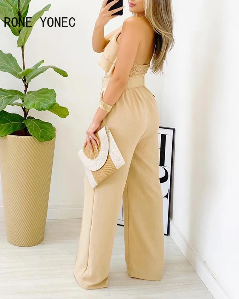 Women Solid Halter Cascading Ruffle Hem Sleeveless with Belts Two Pieces Sexy Pants Sets