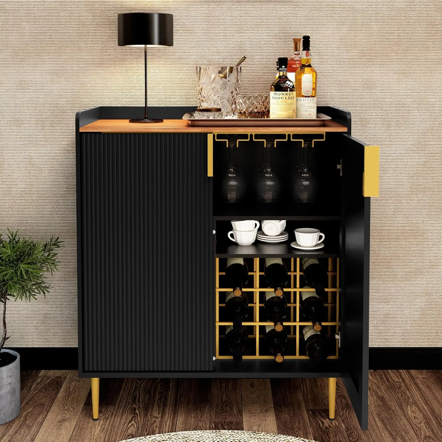 Artpower Sideboard Buffet Cabinet With Fluted Texture, Modern Coffee Bar Cabinet With Wine Rack&Drawers, Black Liquor Cabinet