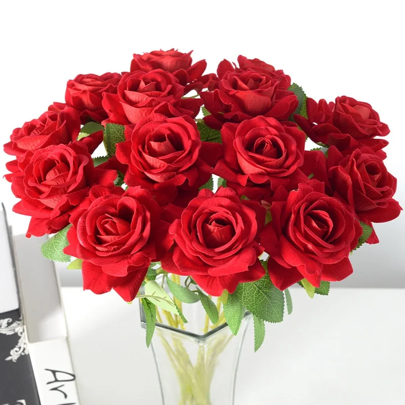 

Artificial Flowers Bouquet Red Velvet Fake Rose Flower for Wedding Home Table Decoration Christmas Valentine's Day Gift