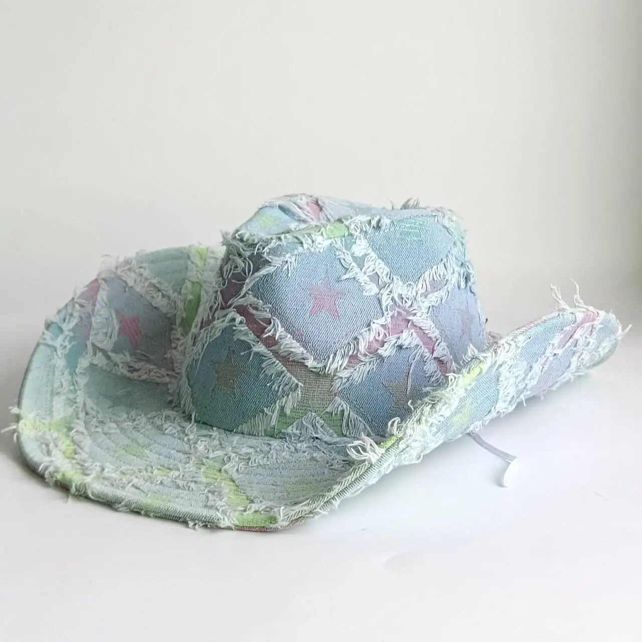 Frayed Star Print Denim Western Cowgirl Hat Vintage Distressed Fringe Wide Brim Cowboy Hat Y2K Pastel Color Outdoor Festival Vac 2