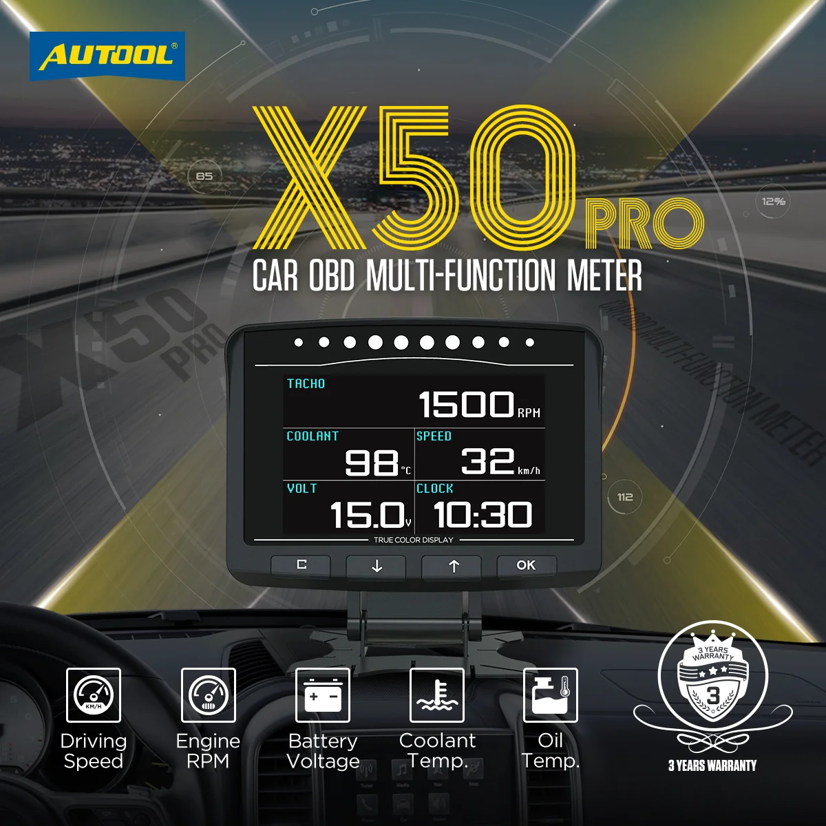 AUTOOL X50Pro OBD II HUD Pantalla de Visualización Frontal OBD2, Computadora Digital para Auto, Velocímetro, Monitor Electrónico, Diagnóstico ECU, Medidor de Película