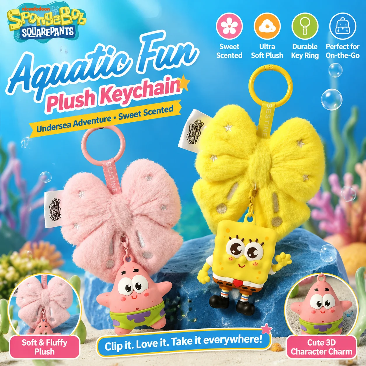 Cute Spongebob Squarepants Plush Bow Bag Charm Scented Pendant Blind Box Hanging Ornament for Car Backpack Decor Party Mini Gift