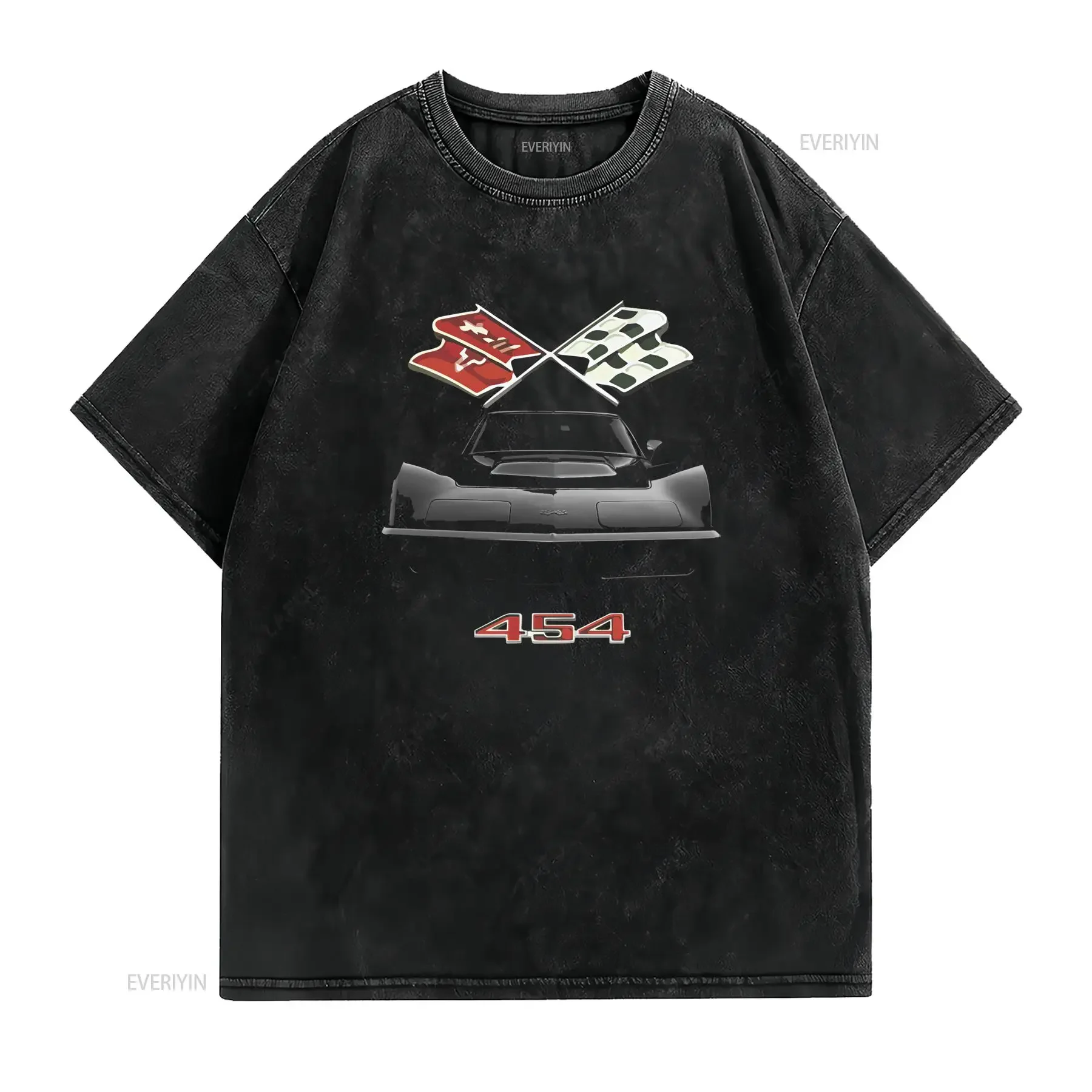 Vette C3 Emblem 3 Gen 454 Klassisk Bil T Shirt Sort med Røde og Hvide Striber Geometrisk Design Medium Stretch Casual Rund
