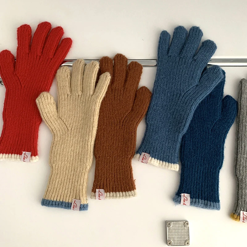 Guantes de lana tejidos de Color puro para mujer, guantes gruesos y cálidos para parejas con dedos abiertos para estudiantes y pantalla de invierno