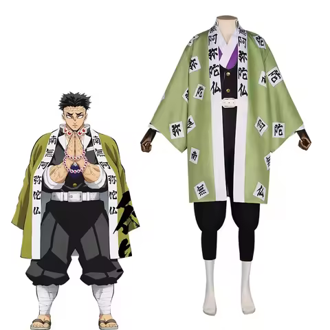 Uniforme vert Anime Gyomei Himejima, Costume de Cosplay, perruque, Bracelets Hashira, Kimono japonais pour hommes