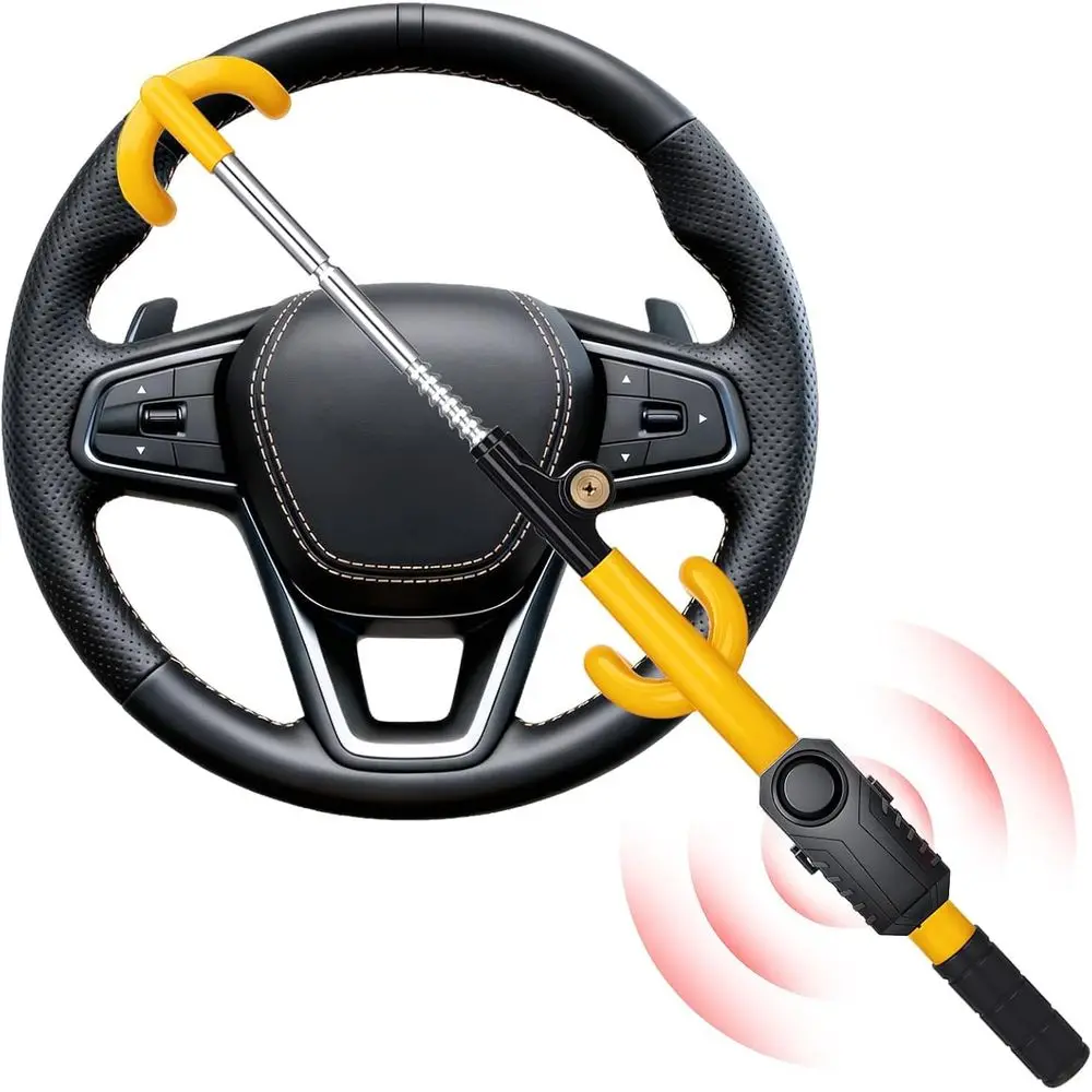 

High Decibel Anti-Theft Steering Wheel Lock with Alarm and Motion Sensor for Cars, Trucks, and SUVs