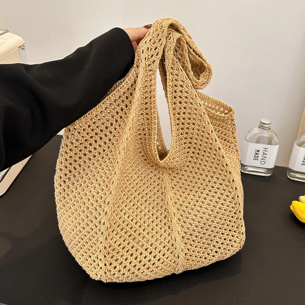 Women Crochet Tote Bag Fashion Knitted Bag Large Capacity Hollow Out Tote Bag Solid Color Casual Handbag for Travel Vacation