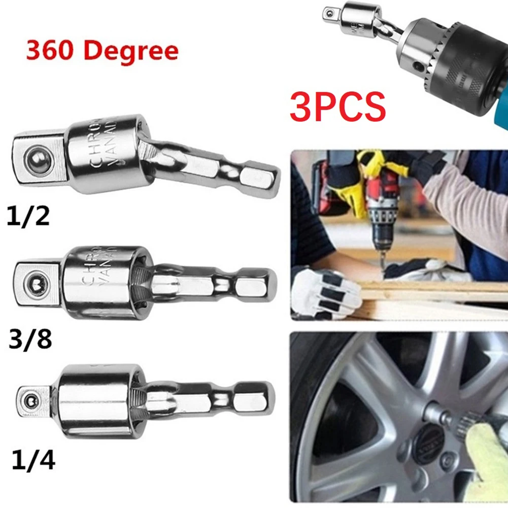 

3pc Hex Shank Electric Drill Socket Adapter For Driver 360Rotatable Extension Square Socket Drill Bits Connecting Rod