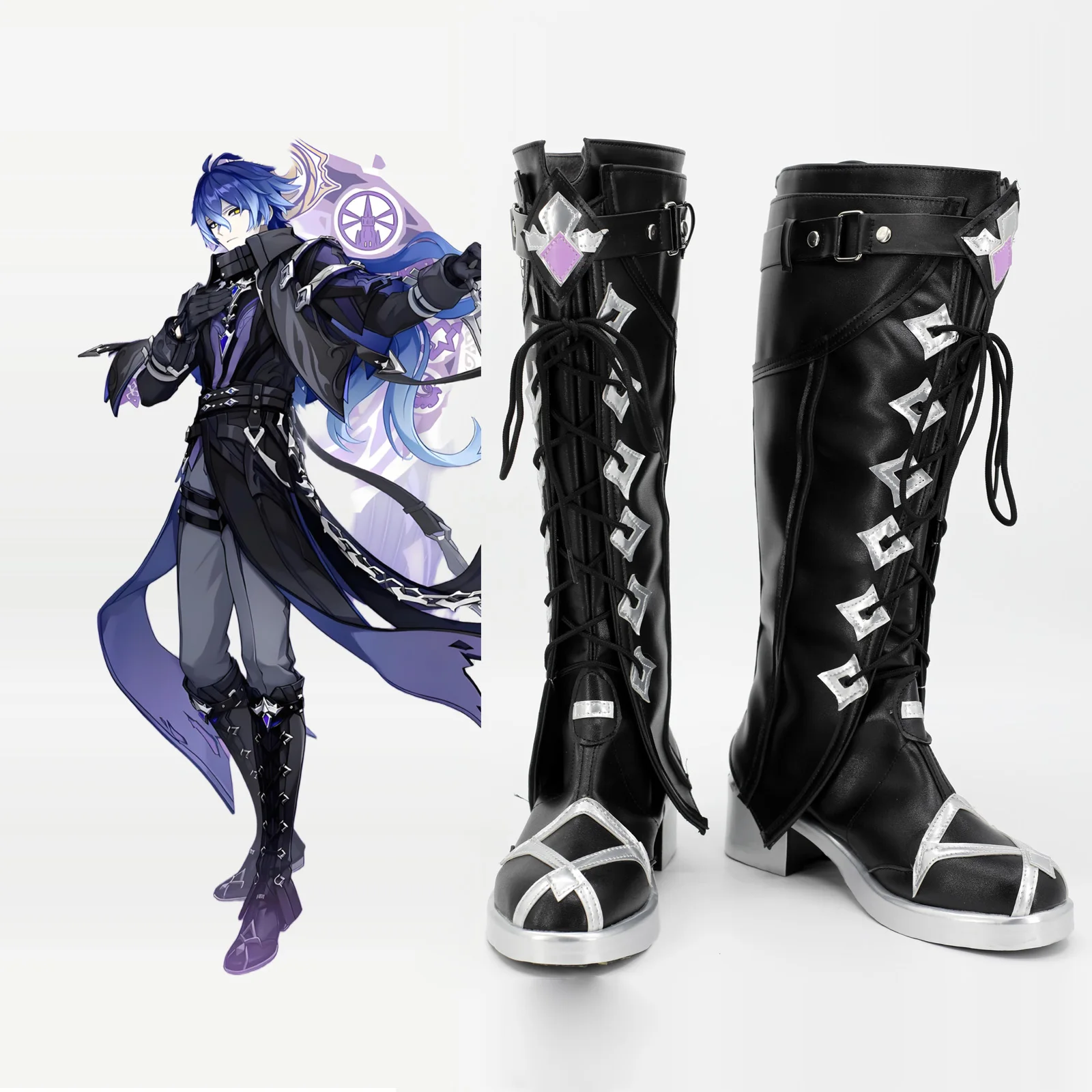 Buty do cosplayu Flins z Genshin Impact, czarne skórzane buty szyte na miarę, dowolny rozmiar