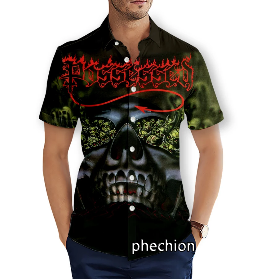 phechion Summer Mens Short Sleeve Beach Shirts Possessed Rock Band 3D Printed Casual Shirts Fashion Streetwear Men Tops X27