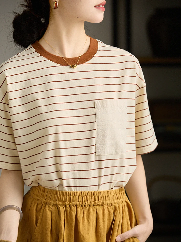 

Comfortable Cotton Striped ket T-irt Women's Loose ort Sve Casual Top Soft Breathable Summer Faion Versatile