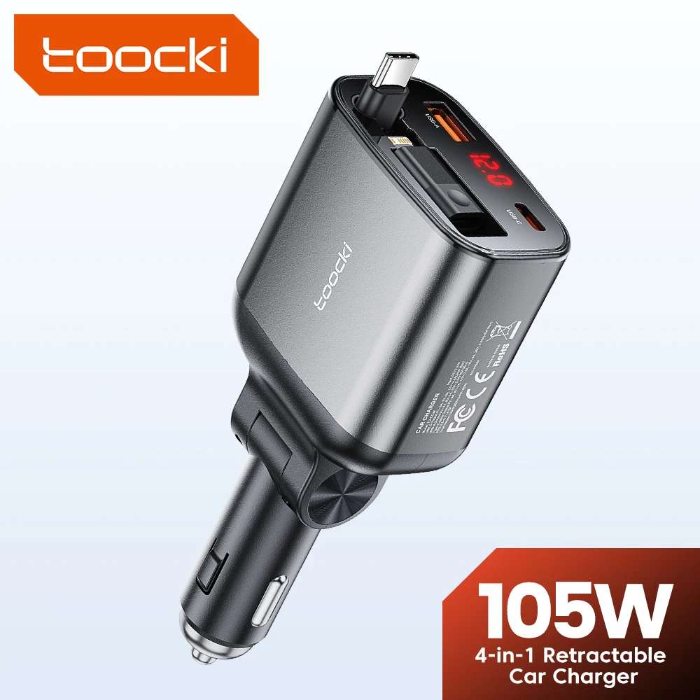 Toocki 105 واط شاحن سيارة قابل للسحب USB C البرق كابل PD 27 واط آيفون 16 15 14 13 سامسونج S24 S23 SFC2.0 اللوحي Xiaomi