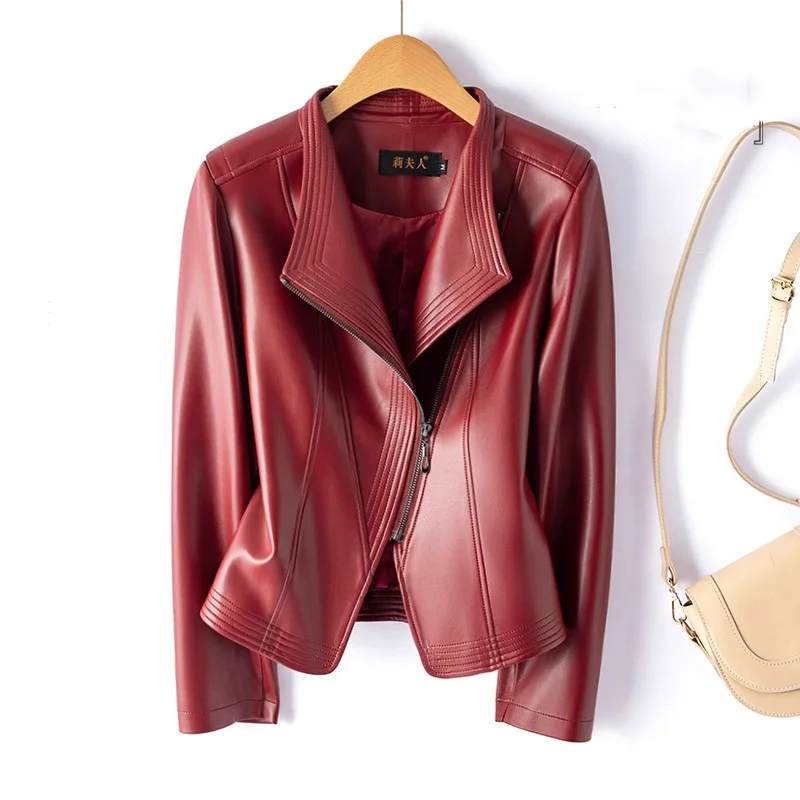 New Women Spring Autumn Split Leather Jacket Fashion Turn-down Collar Slim Waist Casual Jacket Simplicity Short Leather Coat