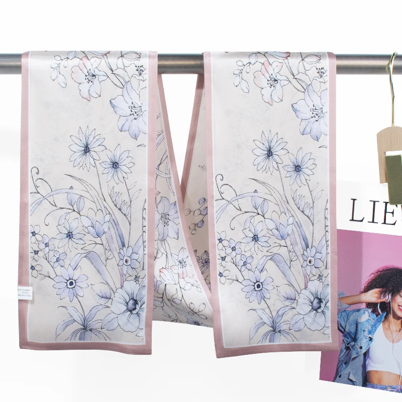 French Gentle Floral Print Long Narrow Scarf, Double-sided Printing, Women's Fashionable Scarf, Hair Accessories, Bag Straps