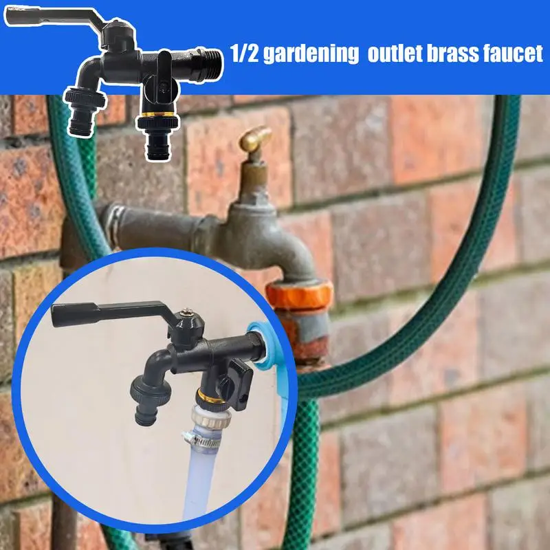 Double Water Outlet Faucet Brass Garden Water Faucet 1/2 Inch Inlet Home Water Hose Connector 1-Into-2 Spigot Frost-Proof For